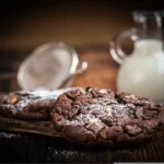 Close-up of chewy chocolate chip cookies dusted with powdered sugar, resting on a rustic wooden board for a decadent dessert presentation