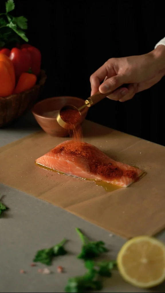 This picture features fresh salmon fillets with spices