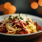 spaghetti Carbonara topped with a rich tomato-based sauce, garnished with fresh chopped herbs and grated cheese, served in a white dish with warm ambient lighting in the background.