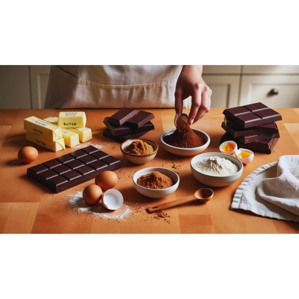 A neatly arranged setup of baking ingredients on a wooden countertop, including dark chocolate bars, cocoa powder in a bowl, butter sticks, brown sugar, fresh eggs (some cracked open), and flour. A hand is scooping cocoa powder, evoking a warm and realistic kitchen setting. The Brighten Recipes logo is visible in the corner.