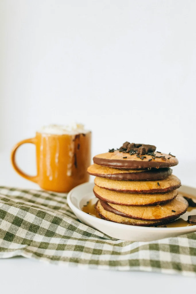 A close-up of a chocolate chip pancake