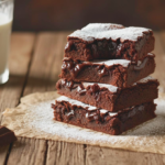 A plate of fudgy chocolate brownies stacked on top of each other, dusted with powdered sugar. A glass of milk and hot chocolate sit in the blurred background, alongside scattered chocolate pieces. The image includes the Brighten Recipes logo in the bottom corner.