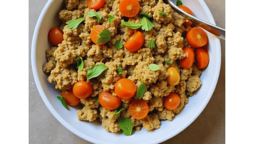 A white bowl filled with seasoned turkey ground beef, garnished with fresh basil leaves and halved cherry tomatoes, with a serving spoon placed on the side.