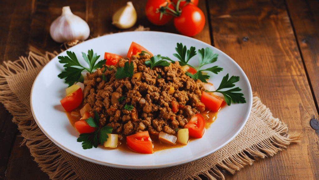 Turkey ground beef dish served on a white plate, garnished with parsley and surrounded by diced tomatoes and garlic, placed on a rustic wooden table with burlap fabric underneath.