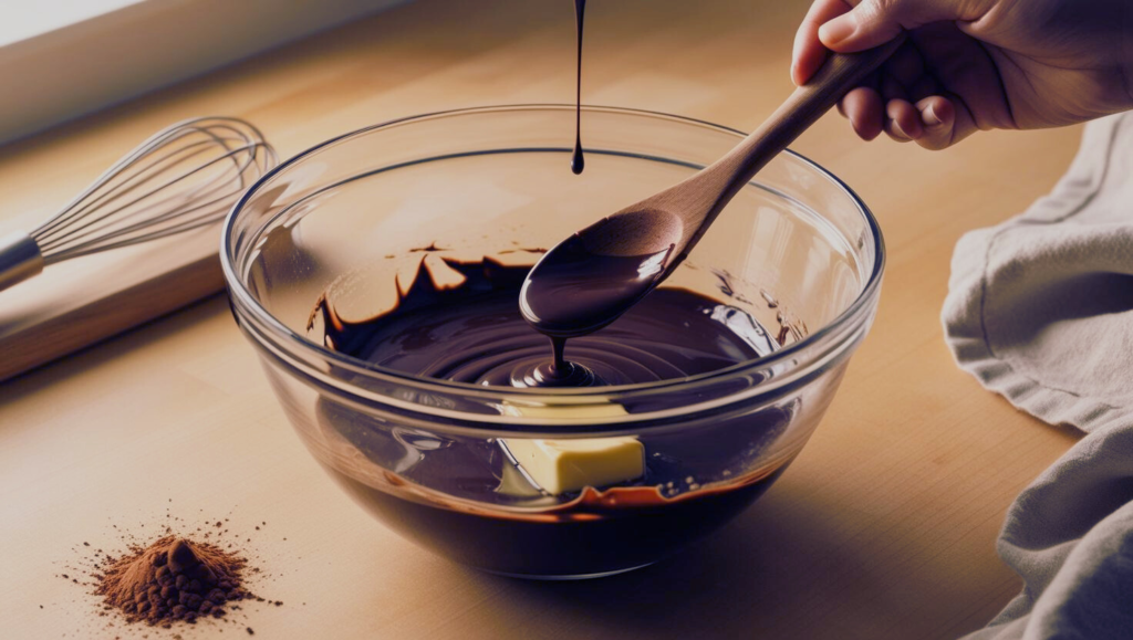 A close-up of a glass mixing bowl filled with melted chocolate being stirred with a wooden spoon. The setup includes a whisk, a small pile of cocoa powder, and a cube of butter on a floured wooden countertop, creating a cozy and inviting baking scene.