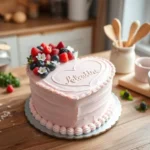 A beautifully decorated pink cake , by fresh strawberries, blueberries, and white flowers.