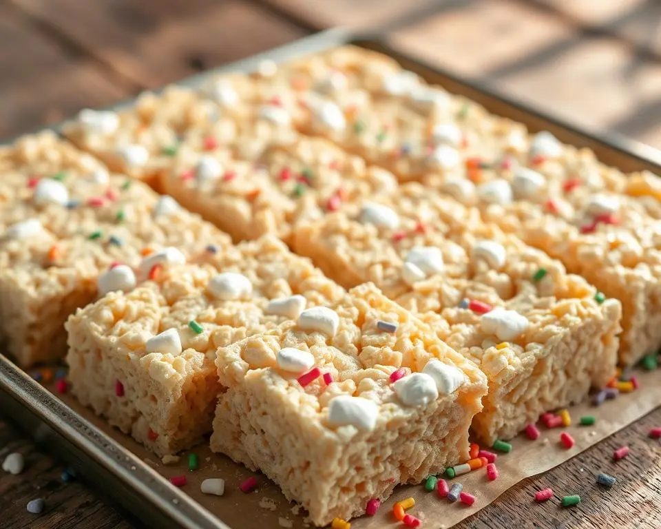 A batch of classic homemade Rice Krispie treats topped with colorful sprinkles and mini marshmallows, neatly cut and placed on a tray. Rice Krispie treats recipe