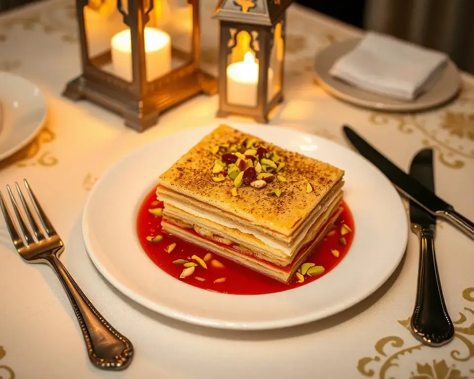 Lebanese Nights Dessert layered with semolina pudding, cream, and pistachios, served with syrup on a white plate and candle-lit lanterns in the background.