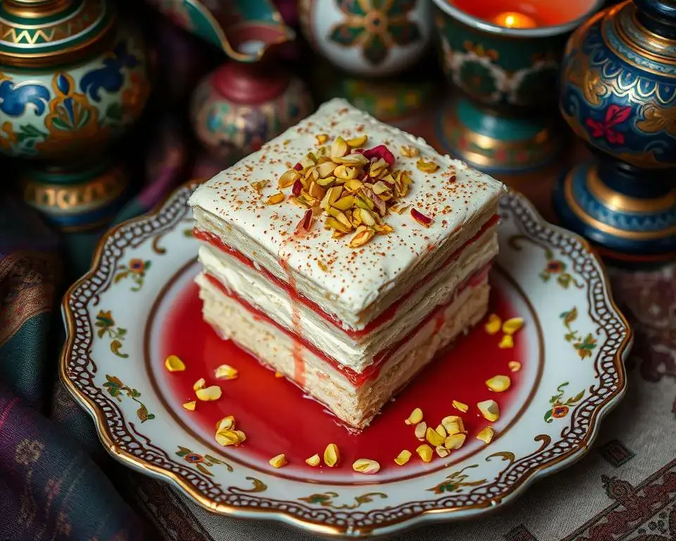 Traditional Lebanese Nights Dessert on a decorative plate, garnished with pistachios and rose syrup, surrounded by Middle Eastern decor.