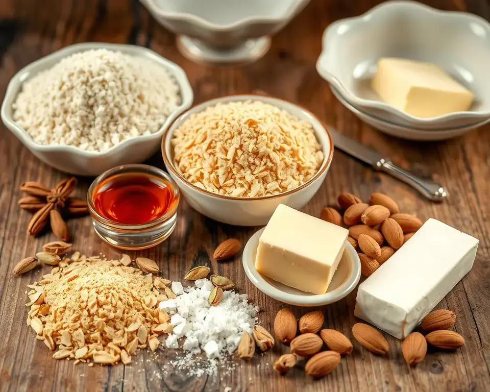 Ingredients for Lebanese Nights Dessert, featuring semolina, butter, almonds, rose water, and sugar on a rustic wooden table.