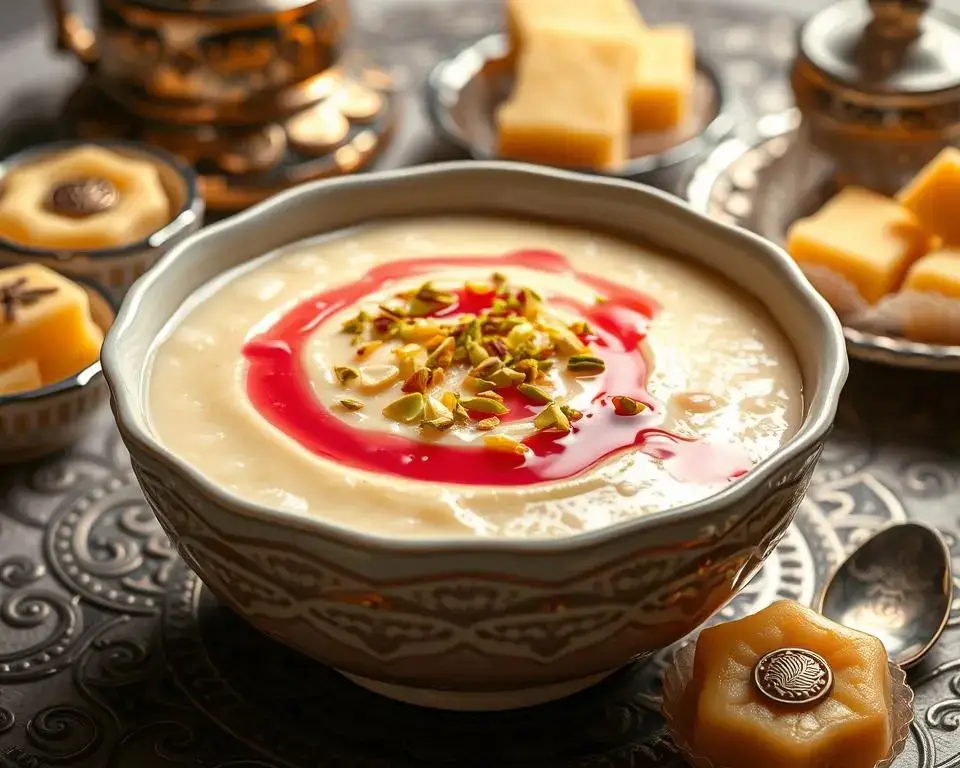 Lebanese Nights Dessert in a decorative pot, garnished with pistachios and rose syrup.