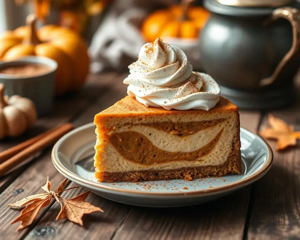 A slice of pumpkin spice latte cheesecake with a creamy swirl, topped with whipped cream and cinnamon, served on a rustic plate with fall decor.