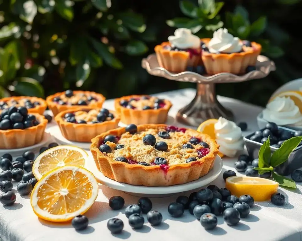 A freshly baked blueberry lemon crisp in a baking dish with a golden, crumbly topping, served with Ice cream